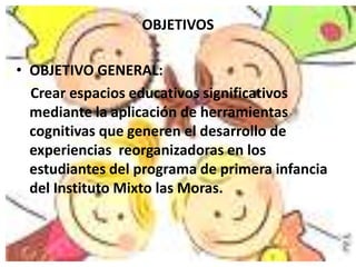 OBJETIVOS

• OBJETIVO GENERAL:
  Crear espacios educativos significativos
  mediante la aplicación de herramientas
  cognitivas que generen el desarrollo de
  experiencias reorganizadoras en los
  estudiantes del programa de primera infancia
  del Instituto Mixto las Moras.
 