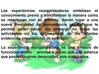 Las experiencias reorganizadoras sintetizan el
conocimiento previo y transforman la manera como
se relacionan con su entorno, dando lugar a una
nueva modalidad de competencia general que le
permite poder hacer, sin embargo no todas las
actividades ni los desempeños de los infantes
evidencias experiencias de este tipo.

La experiencia reorganizadora es una síntesis de
funcionamientos previos a la vez que una palanca
que posibilita otros desarrollos más elaborados.
 