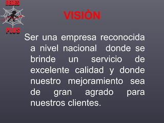 REDES

VISIÒN
PLUS
PLUS

Ser una empresa reconocida
a nivel nacional donde se
brinde un servicio de
excelente calidad y donde
nuestro mejoramiento sea
de gran agrado para
nuestros clientes.

 