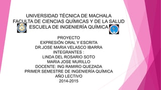 UNIVERSIDAD TÉCNICA DE MACHALA
FACULTA DE CIENCIAS QUÍMICAS Y DE LA SALUD
ESCUELA DE INGENIERÍA QUÍMICA
PROYECTO
EXPRESIÓN ORAL Y ESCRITA
DR.JOSE MARIA VELASCO IBARRA
INTEGRANTES :
LINDA DEL ROSARIO SOTO
MARIA JOSE MURILLO
DOCENTE: ING RAMIRO QUEZADA
PRIMER SEMESTRE DE INGENIERÍA QUÍMICA
AÑO LECTIVO
2014-2015
 