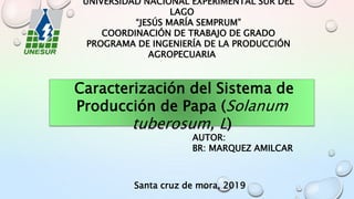 Caracterización del Sistema de
Producción de Papa (Solanum
tuberosum, L)
UNIVERSIDAD NACIONAL EXPERIMENTAL SUR DEL
LAGO
“JESÚS MARÍA SEMPRUM”
COORDINACIÓN DE TRABAJO DE GRADO
PROGRAMA DE INGENIERÍA DE LA PRODUCCIÓN
AGROPECUARIA
AUTOR:
BR: MARQUEZ AMILCAR
Santa cruz de mora, 2019
 