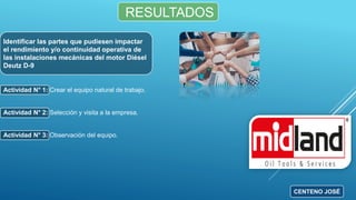 RESULTADOS
Identificar las partes que pudiesen impactar
el rendimiento y/o continuidad operativa de
las instalaciones mecánicas del motor Diésel
Deutz D-9
Actividad N° 1: Crear el equipo natural de trabajo.
Actividad N° 2: Selección y visita a la empresa.
Actividad N° 3: Observación del equipo.
CENTENO JOSÉ
 