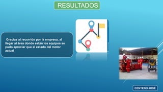 RESULTADOS
Gracias al recorrido por la empresa, al
llegar al área donde están los equipos se
pudo apreciar que el estado del motor
actual
CENTENO JOSÉ
 