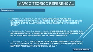  - Azcarate, C y Desireé, A. (2015), “ELABORACIÓN DE PLANES DE
MANTENIMIENTO BASADO EN EL RIESGO DE EQUIPOS ESTÁTICOS EN LOS
SISTEMAS DE PRE CALENTAMIENTO, CALENTAMIENTO Y FRACCIÓN DE
CRUDO”
 - Castañeda, D, Flórez, D y Basto ,L. (2014) “EVALUACIÓN DE LA GESTIÓN DEL
MANTENIMIENTO EN LA EMPRESA RECTIFICADORA SAN ANTONIO UBICADA
EN EL MUNICIPIO SAN ANTONIO DEL TÁCHIRA, VENEZUELA”,
 - González, G. (2014) “REALIZAR EL PLAN DE MANTENIMIENTO PREVENTIVO
DE LA MAQUINARIA DEL DEPARTAMENTO DE MARCOS Y MOLDURAS EN LA
EMPRESA ATIGUO ARTE EUROPEO S.A. DE C.V ”
MARCO TEORICO REFERENCIAL
Antecedentes
PEREZ ALEJANDRO
 