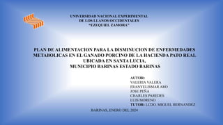 UNIVERSIDAD NACIONAL EXPERIMENTAL
DE LOS LLANOS OCCIDENTALES
“EZEQUIEL ZAMORA”
PLAN DE ALIMENTACION PARA LA DISMINUCION DE ENFERMEDADES
METABOLICAS EN EL GANADO PORCINO DE LA HACIENDA PATO REAL
UBICADA EN SANTA LUCIA,
MUNICIPIO BARINAS ESTADO BARINAS
AUTOR:
VALERIA VALERA
FRANYELISMAR ARO
JOSE PEÑA
CHARLES PAREDES
LUIS MORENO
TUTOR: LCDO. MIGUEL HERNANDEZ
BARINAS, ENERO DEL 2024
 