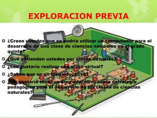 EXPLORACION PREVIA
 ¿Creen ustedes que se podría utilizar un computador para el
desarrollo de una clase de ciencias naturales en el grado
quinto?
 ¿Qué entienden ustedes por clases virtuales?
 ¿Les gustaría realizar una clase virtual?
 ¿Saben que es un blog educativo?
 ¿les gustaría tener un blog educativo como estrategia
pedagógica para el desarrollo de las clases de ciencias
naturales?

 
