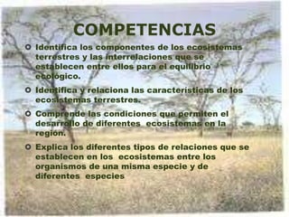 COMPETENCIAS
 Identifica los componentes de los ecosistemas
terrestres y las interrelaciones que se
establecen entre ellos para el equilibrio
ecológico.
 Identifica y relaciona las características de los
ecosistemas terrestres.
 Comprende las condiciones que permiten el
desarrollo de diferentes ecosistemas en la
región.
 Explica los diferentes tipos de relaciones que se
establecen en los ecosistemas entre los
organismos de una misma especie y de
diferentes especies

 