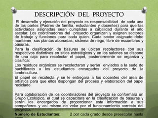 Motivar a los estudiantes en el buen comportamiento con el entorno físico que les rodea, para que lo mantengan limpio y sean cuidadosos con el medio que los rodea.