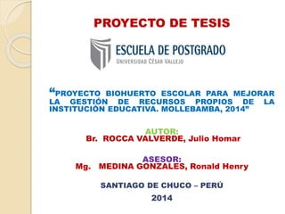PROYECTO DE TESIS
“PROYECTO BIOHUERTO ESCOLAR PARA MEJORAR
LA GESTIÓN DE RECURSOS PROPIOS DE LA
INSTITUCIÓN EDUCATIVA. MOLLEBAMBA, 2014”
AUTOR:
Br. ROCCA VALVERDE, Julio Homar
ASESOR:
Mg. MEDINA GONZALES, Ronald Henry
SANTIAGO DE CHUCO – PERÚ
2014
 