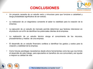 CONCLUSIONES
•

Un proyecto necesita de un estudio serio y minucioso para que funcione a cabalidad y
tenga probabilidad significativa de ser exitoso.

•

La realización de un diagnóstico consiente el saber la viabilidad para la creación de la
empresa.

•

La ejecución de un estudio de mercado permite determinar que factores intervienen en
el producto con el fin de identificar los potenciales clientes de la empresa.

•

La realización de un estudio técnico otorga el conocimiento de los recursos,
procedimientos y medios de una empresa.

•

El desarrollo de un estudio financiero conlleva a identificar los gastos y costos para la
creación y viabilidad de la empresa.

•

Como futuras psicólogas necesitamos desde ahora herramientas como las que nos brindo
el desarrollo de este trabajo, para ejecutarlos en beneficio de una comunidad y así ayudar
a mejorar su calidad de vida.

 