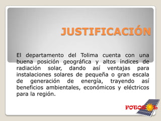 DESCRIPCION DE LA EMPRESASiendo nosotros consientes de las necesidades de este nuevo milenio, nuestro propósito es entregar productos tecnológicos y servicios de ingeniería solar con la garantía, calidad y el respaldo que nuestros clientes requieren, sin olvidar el medio ambiente y nuestro compromiso con el planeta y su cuidado.FOTOSOL Ltda. importa, comercializa e instala sistemas de energía fotovoltáica en empresas y hogares; ofreciendo además, en el caso de requerirse, el debido mantenimiento.