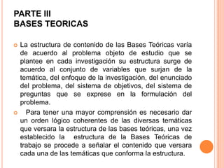 PARTE III
BASES TEORICAS




La estructura de contenido de las Bases Teóricas varía
de acuerdo al problema objeto de estudio que se
plantee en cada investigación su estructura surge de
acuerdo al conjunto de variables que surjan de la
temática, del enfoque de la investigación, del enunciado
del problema, del sistema de objetivos, del sistema de
preguntas que se exprese en la formulación del
problema.
Para tener una mayor comprensión es necesario dar
un orden lógico coherentes de las diversas temáticas
que versara la estructura de las bases teóricas, una vez
establecido la estructura de la Bases Teóricas de
trabajo se procede a señalar el contenido que versara
cada una de las temáticas que conforma la estructura.

 