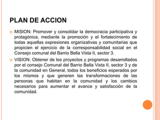 PLAN DE ACCION




MISION: Promover y consolidar la democracia participativa y
protagónica, mediante la promoción y el fortalecimiento de
todas aquellas expresiones organizativas y comunitarias que
propicien el ejercicio de la corresponsabilidad social en el
Consejo comunal del Barrio Bella Vista II, sector 3.
VISION: Obtener de los proyectos y programas desarrollados
por el consejo Comunal del Barrio Bella Vista II, sector 3 y de
la comunidad en General, todos los beneficios esperados por
los mismos y que generen las transformaciones de las
personas que habitan en la comunidad y los cambios
necesarios para aumentar el avance y satisfacción de la
comunidad.

 