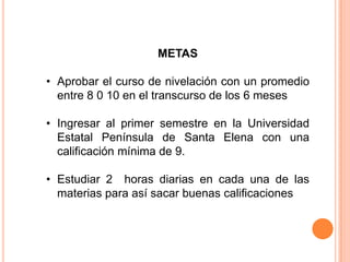 METAS
• Aprobar el curso de nivelación con un promedio
entre 8 0 10 en el transcurso de los 6 meses
• Ingresar al primer semestre en la Universidad
Estatal Península de Santa Elena con una
calificación mínima de 9.
• Estudiar 2 horas diarias en cada una de las
materias para así sacar buenas calificaciones
 