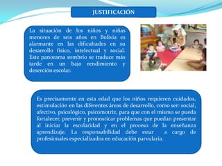 JUSTIFICACIÓN


La situación de los niños y niñas
menores de seis años en Bolivia es
alarmante en las dificultades en su
desarrollo físico, intelectual y social.
Este panorama sombrío se traduce más
tarde en un bajo rendimiento y
deserción escolar.




   Es precisamente en esta edad que los niños requieren cuidados,
   estimulación en las diferentes áreas de desarrollo, como ser: social,
   afectivo, psicológico, psicomotriz, para que con el mismo se pueda
   fortalecer, prevenir y pronosticar problemas que puedan presentar
   al iniciar la escolaridad y en el proceso de la enseñanza
   aprendizaje. La responsabilidad debe estar            a cargo de
   profesionales especializados en educación parvularia.
 