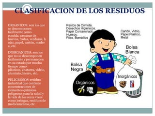 CLASIFICACION DE LOS RESIDUOSORGANICOS: son los que se descomponen fácilmente como comida, cascaras de huevos, frutas, verduras, hojas, papel, cartón, madera, etc.INORGANICOS: son los que no se descomponen fácilmente y permanecen en su estado por mucho tiempo como plásticos, chatarra, vidrio, aluminio, hierro, etc.PELIGROSOS: residuo industrial que contiene concentraciones de elementos químicos peligrosos para la salud y la vida de los seres vivos como jeringas, residuos de medicamentos, etc.