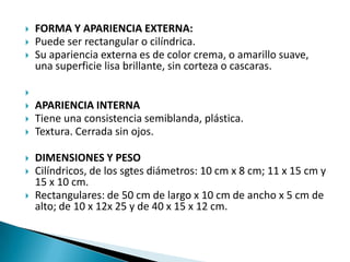 FORMA Y APARIENCIA EXTERNA: Puede ser rectangular o cilíndrica.Su apariencia externa es de color crema, o amarillo suave, una superficie lisa brillante, sin corteza o cascaras. APARIENCIA INTERNATiene una consistencia semiblanda, plástica.Textura. Cerrada sin ojos.DIMENSIONES Y PESOCilíndricos, de los sgtes diámetros: 10 cm x 8 cm; 11 x 15 cm y 15 x 10 cm.Rectangulares: de 50 cm de largo x 10 cm de ancho x 5 cm de alto; de 10 x 12x 25 y de 40 x 15 x 12 cm.