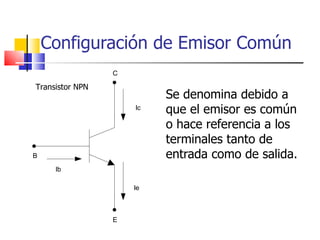 Configuración de Emisor Común <ul><li>Se denomina debido a que el emisor es común o hace referencia a los terminales tanto...