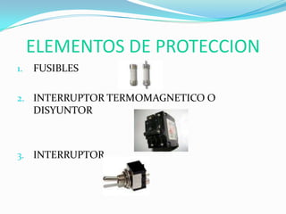 ELEMENTOS DE PROTECCION
1. FUSIBLES
2. INTERRUPTOR TERMOMAGNETICO O
DISYUNTOR
3. INTERRUPTOR
 