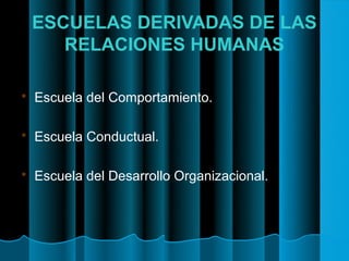 ESCUELAS DERIVADAS DE LAS
       RELACIONES HUMANAS

   Escuela del Comportamiento.

   Escuela Conductual.

   Escuela del Desarrollo Organizacional.
 