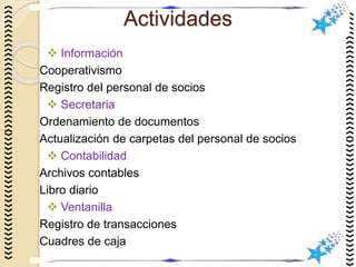 Actividades
 Información
Cooperativismo
Registro del personal de socios
 Secretaria
Ordenamiento de documentos
Actualización de carpetas del personal de socios
 Contabilidad
Archivos contables
Libro diario
 Ventanilla
Registro de transacciones
Cuadres de caja
 