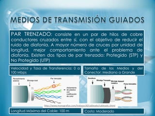 PAR TRENZADO: consiste en un par de hilos de cobre
conductores cruzados entre sí, con el objetivo de reducir el
ruido de diafonía. A mayor número de cruces por unidad de
longitud, mejor comportamiento ante el problema de
diafonía. Existen dos tipos de par trenzado: Protegido (STP) y
No Protegido (UTP)
Velocidad y Tasa de Transferencia: 0 a
100 Mbps

Tamaño de los Medios y del
Conector: Mediano a Grande

http://www.monografias.com/trabajos30/cableado/cableado.shtml

Longitud Máxima del Cable: 100 m

Costo: Moderado

 