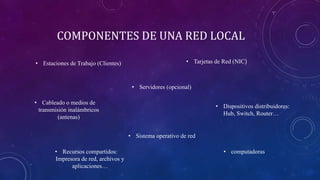 COMPONENTES DE UNA RED LOCAL
• Estaciones de Trabajo (Clientes)
• Servidores (opcional)
• Tarjetas de Red (NIC)
• Cableado o medios de
transmisión inalámbricos
(antenas)
• Dispositivos distribuidores:
Hub, Switch, Router…
• Sistema operativo de red
• Recursos compartidos:
Impresora de red, archivos y
aplicaciones…
• computadoras
 