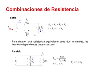 Serie
              I1       R1

                   +        -                            Req        R1        R2        R3
Req      Vf                                R2            I     I1        I2        I3
                   -        +                  I2
                       R3            I3

      Para obtener una resistencia equivalente entre dos terminales, las
      fuentes independientes deben ser cero.

      Paralelo
                                               I2
                                                                               R1 R2
                                 I1                             Req
        Vf             V1                 V2        R2                        R1 R2
                                R1                                                           Vf   V1 V2
                                                                I        I1    I2
 