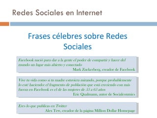 Redes Sociales en Internet Frases célebres sobre Redes Sociales Facebook nació para dar a la gente el poder de compartir y hacer del mundo un lugar más abierto y conectado  Mark Zuckerberg, creador de Facebook Vive tu vida como si tu madre estuviera mirando, porque probablemente lo esté haciendo: el fragmento de población que está creciendo con más fuerza en Facebook es el de las mujeres de 55 a 65 años Eric Qualmann, autor de Socialconmics Eres lo que publicas en Twitter Alex Tew, creador de la página Million Dollar Homepage 