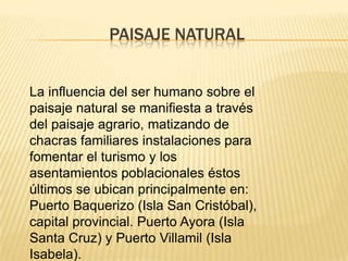 PAISAJE NATURAL


La influencia del ser humano sobre el
paisaje natural se manifiesta a través
del paisaje agrario, matizando de
chacras familiares instalaciones para
fomentar el turismo y los
asentamientos poblacionales éstos
últimos se ubican principalmente en:
Puerto Baquerizo (Isla San Cristóbal),
capital provincial. Puerto Ayora (Isla
Santa Cruz) y Puerto Villamil (Isla
Isabela).
 