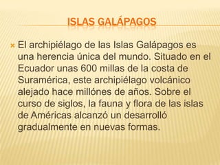 ISLAS GALÁPAGOS

   El archipiélago de las Islas Galápagos es
    una herencia única del mundo. Situado en el
    Ecuador unas 600 millas de la costa de
    Suramérica, este archipiélago volcánico
    alejado hace millónes de años. Sobre el
    curso de siglos, la fauna y flora de las islas
    de Américas alcanzó un desarrolló
    gradualmente en nuevas formas.
 