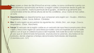  Área: posee un área de 536.574 km2 en el mar caribe. La zona continental cuenta con
1.600 kilómetros aproximados de litoral. La región caribe comprende desde el golfo de
Urabá, al occidente , hasta la península de la guajira , al oriente e igualmente esta
comprendido entre las ultimas alturas de las tres cordilleras , al sur ,hasta el mar caribe ,
al norte
 Departamentos: Los departamentos que componen esta región son : Guajira , Atlántico,
Magdalena , Cesar , Sucre, Bolívar , Córdoba.
 Ríos: En esta región se encuentran los siguientes ríos : Atrato, Sinú , san Jorge , Cauca,
Magdalena , Cesar , Ranchería.
 Folclor: El vestuario de la región caribe es un vestuario de ropa fresca propia para clima
cálido y fresco Esta región se caracteriza por bailes como el mapéale que es un baile
erótico con el que se celebra la pesca del mapéale. Este baile lleva este nombre por
un pez que en determinada temporada, al producirse la subienda, abundaba en los
poblados, dando orígenes a festejos denominados Festividades del Mapéale.
(Colombia.com , S.F.)
 