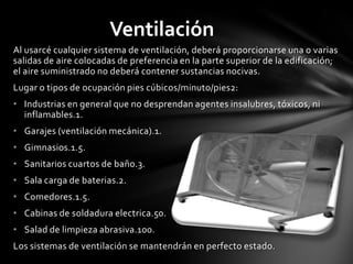 Ventilación
Al usarcé cualquier sistema de ventilación, deberá proporcionarse una o varias
salidas de aire colocadas de preferencia en la parte superior de la edificación;
el aire suministrado no deberá contener sustancias nocivas.
Lugar o tipos de ocupación pies cúbicos/minuto/pies2:
• Industrias en general que no desprendan agentes insalubres, tóxicos, ni
  inflamables.1.
• Garajes (ventilación mecánica).1.
• Gimnasios.1.5.
• Sanitarios cuartos de baño.3.
• Sala carga de baterias.2.
• Comedores.1.5.
• Cabinas de soldadura electrica.50.
• Salad de limpieza abrasiva.100.
Los sistemas de ventilación se mantendrán en perfecto estado.
 