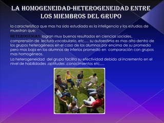 DESEMPEÑO:facilita la realización de las metas de grupo el fin de la etapa se caracteriza por las siguientes conductas: impuntualidad, ausentismo, concentración, impuntualidad y sentimientos de ansiedad y tristeza. “ no todos los grupos pasan por las etapas señaladas.Composición del grupose  refiere a los miembros que  lo constituyen .incluye las caracterizas  personales  y la idiosincrasia  de los integrantes Del grupo su manera de comportase etc.…son influenciados por lo menos por dos aspectos de composición como lo son :Las características de sus miembros: determinan el cierto grado del comportamiento del grupo  y su reacción entre  ellos  o tros  grupos .ej el alto grado de inteligencia de un integrante del grupo.