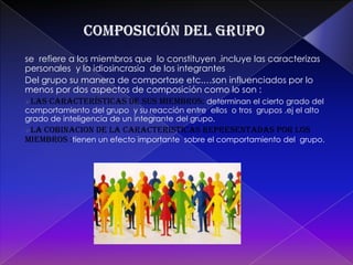 COMITÉ PERMANENTE:se establece por tiempo indefinido es te comité se encarga de revisar, monitorear y del beneficio de los empleados.Desarrollo del grupoEs cuando un grupo de personas se reúnen por primera vez lo común es platicar entre si, el contenido del  interacción del grupo puede ser calificado en diferentes formas:FORMACION:un grupo puede durar desde un días hasta varias semanas dependiendo el tiempo q se utilice para que los miembros se conozcan algunos investigadores identifican este periodo como una etapa de orientación.