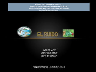 REPUBLICA BOLIVARIANA DE VENEZUELA
MINISTERIO DEL PODER POPULAR PARA LA EDUCACION
INSTITUTO UNIVERSITARIO POLITÈCNICO SANTIAGO MARIÑO
EXTENSIÓN SAN CRISTÓBAL
INTEGRANTE
CASTILLO SADIR
C.I V- 16.907.057
SAN CRISTÓBAL, JUNIO DEL 2016
 
