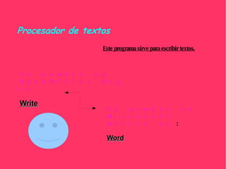 Este programa sirve para escribir textos. Procesador de textos Su nombre en OpenOffice.Org es:   Write Su nombre en Microsoft Office es  : Word 