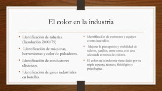 El color en la industria
• Identificación de tuberías.
(Resolución 2400/79)
• Identificación de máquinas,
herramientas y color de pulsadores.
• Identificación de conductores
eléctricos.
• Identificación de gases industriales
en botellas.
• Identificación de extintores y equipos
contra incendios.
• Mejorar la percepción y visibilidad de
talleres, pasillos, entre otras, con una
adecuada armonía de colores.
• El color en la industria viene dado por su
triple aspecto, técnico, fisiológico y
psicológico.
 