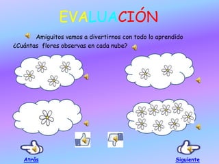 EVALUACIÓN
Amiguitos vamos a divertirnos con todo lo aprendido
¿Cuántas flores observas en cada nube?
Atrás Siguiente
 