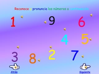 Reconoce y pronuncia los números a continuación.
9
23
4 5
78
61
Atrás Siguiente
 