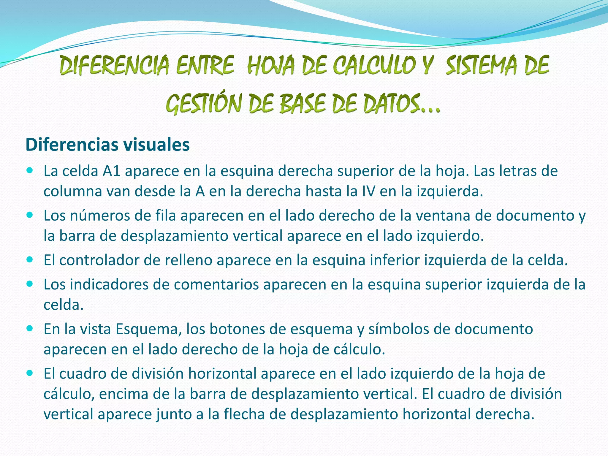 DIFERENCIA ENTRE  HOJA DE CALCULO Y  SISTEMA DE GESTIÓN DE BASE DE DATOS…Diferencias visualesLa celda A1 aparece en la esquina derecha superior de la hoja. Las letras de columna van desde la A en la derecha hasta la IV en la izquierda. Los números de fila aparecen en el lado derecho de la ventana de documento y la barra de desplazamiento vertical aparece en el lado izquierdo. El controlador de relleno aparece en la esquina inferior izquierda de la celda. Los indicadores de comentarios aparecen en la esquina superior izquierda de la celda. En la vista Esquema, los botones de esquema y símbolos de documento aparecen en el lado derecho de la hoja de cálculo. El cuadro de división horizontal aparece en el lado izquierdo de la hoja de cálculo, encima de la barra de desplazamiento vertical. El cuadro de división vertical aparece junto a la flecha de desplazamiento horizontal derecha. 