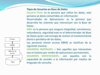 Tipos de Usuarios en Base de DatosUsuario Final: es la persona que utiliza los datos, esta persona ve datos convertidos en información: Desarrollador de Aplicaciones: es la persona que desarrolla los sistemas que interactúan con la Base de Datos. DBA: es la persona que asegura integridad, consistencia, redundancia, seguridad este es el Administrador de Base de Datos quien sed encarga de realizar el mantenimiento diario o periódico de los datos. Las personas tienen acceso DBMS se clasifican de la siguiente manera:USUARIOS INGENUOS. – Son aquellos que interactúan con el sistema por medio de aplicaciones permanentes.USUARIOS SOFISTICADOS.- son aquellos con la capacidad de acceder a la información por medios de lenguajes de consulta.