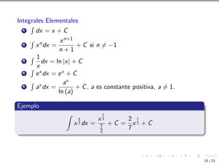 Integrales Elementales
1
R
dx = x + C
2
R
xndx =
xn+1
n + 1
+ C si n ̸= −1
3
R 1
x
dx = ln |x| + C
4
R
ex dx = ex + C
5
R
ax dx =
ax
ln (a)
+ C, a es constante positiva, a ̸= 1.
Ejemplo
Z
x
5
2 dx =
x
7
2
7
2
+ C =
2
7
x
7
2 + C
15 / 21
 