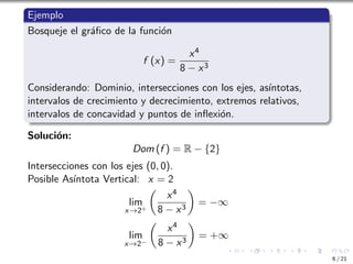Ejemplo
Bosqueje el gráfico de la función
f (x) =
x4
8 − x3
Considerando: Dominio, intersecciones con los ejes, ası́ntotas,
intervalos de crecimiento y decrecimiento, extremos relativos,
intervalos de concavidad y puntos de inflexión.
Solución:
Dom (f ) = R − {2}
Intersecciones con los ejes (0, 0).
Posible Ası́ntota Vertical: x = 2
lim
x→2+

x4
8 − x3

= −∞
lim
x→2−

x4
8 − x3

= +∞
6 / 21
 