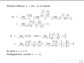 Ası́ntota Oblicua: y = mx + b, en donde
m = lim
x→+∞
f (x)
x
= lim
x→+∞
x3 − 8
(x − 1)2
x
= lim
x→+∞
x3 − 8
x3 − 2x2 + x
= lim
x→+∞
x3 1 − 8
x3

x3 1 − 2
x + 1
x2
 = 1
b = lim
x→+∞
(f (x) − mx) = lim
x→+∞

x3 − 8
(x − 1)2
− x

= lim
x→+∞

2x2 − x − 8
x2 − 2x + 1

= lim
x→+∞
x2 2 − 1
x − 8
x2

x2 1 − 2
x + 1
x2
 = 2
Se tiene y = x + 2.
Análogamente, cuando x → −∞
3 / 18
 