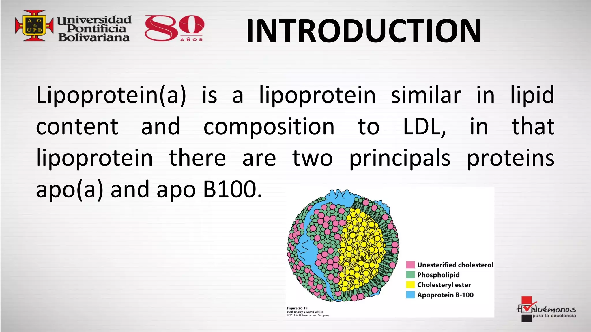 INTRODUCTION
Lipoprotein(a) is a lipoprotein similar in lipid
content and composition to LDL, in that
lipoprotein there are two principals proteins
apo(a) and apo B100.
 