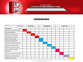 CRONOGRAMA

                            Semanas       Primer mes            Segundo mes               Tercer mes

Actividades                           1   2       3     4   1    2      3     4   1   2          3     4

Identificación del área de estudio

Revisión de literatura

Elaboración primer informe

Entrega del primer informe

Visita al área de estudio
Programa de capacitación

Elaboración del segundo informe

Entrega del segundo informe

Elaboración de la ficha técnica

Envió muestras al herbario
villadeleiva

Entrega de resultados del herbario

Elaboración del ultimo informe

Sustentación del trabajo
 