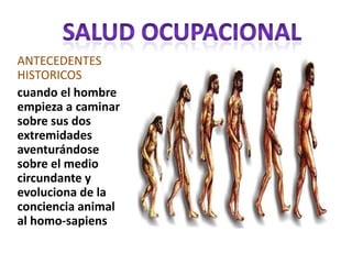 Aspecto legal en colombiaLa Resolución 1016 que reglamenta los Programas de Salud Ocupacional para las empresas El decreto 1295 / 94 de la Ley 100 establece la Administración de los Riesgos Profesionales. La resolución 2463 / 01 reglamenta la integración, financiación y funcionamiento de las Juntas de Calificación de Invalidez