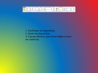 1. Clasificador de diapositivas
2. Patrón de diapositivas
3. El grupo Mostrar, que incluye Regla y Líneas
de cuadrícula.
 
