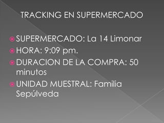      TRACKING EN SUPERMERCADO SUPERMERCADO: La 14 Limonar HORA: 9:09 pm.  DURACION DE LA COMPRA: 50 minutos UNIDAD MUESTRAL: Familia Sepúlveda  